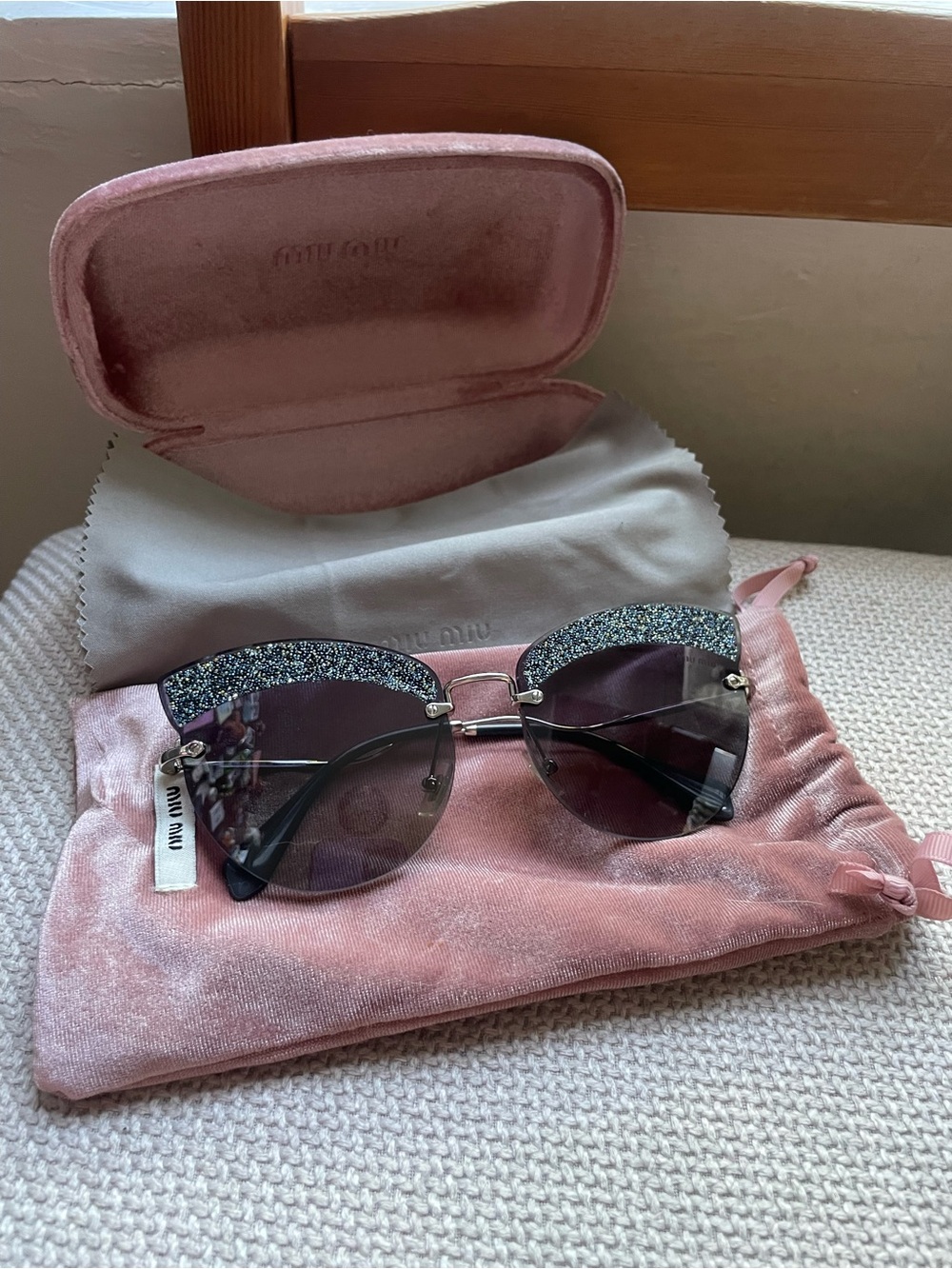 Miu Miu Black and Pink Glitter Cat-Eye Sunglasses